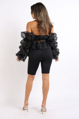 Sexy Organza Sleeve Detailed Top & Matching Shorts 2 Piece Set Black - Wear and Wander