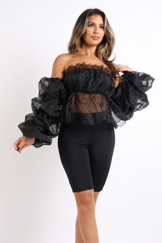 Sexy Organza Sleeve Detailed Top & Matching Shorts 2 Piece Set Black - Wear and Wander