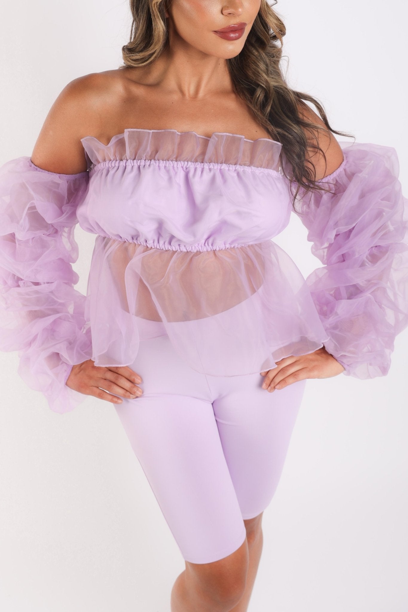 Sexy Organza Sleeve Detailed Top & Matching Shorts 2 Piece Set lavndr - Wear and Wander