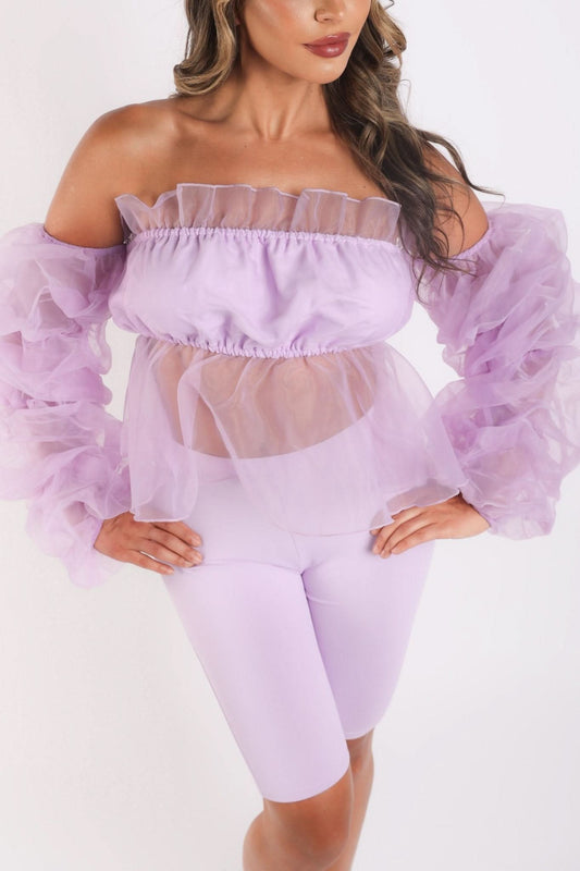 Sexy Organza Sleeve Detailed Top & Matching Shorts 2 Piece Set lavndr - Wear and Wander