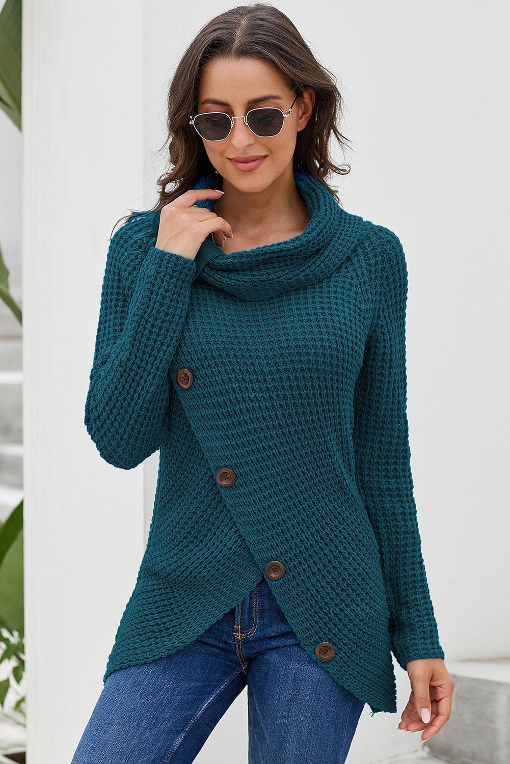 Slate Blue Buttoned Wrap Turtleneck Sweater - Wear and Wander