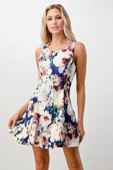 Sleeveless A - Line Dress with Watercolor Floral Print - Wear and Wander