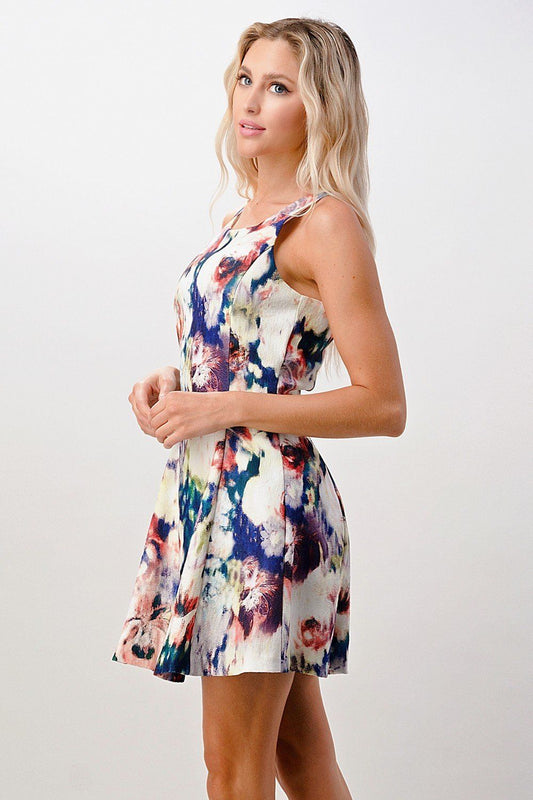 Sleeveless A - Line Dress with Watercolor Floral Print - Wear and Wander