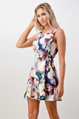 Sleeveless A - Line Dress with Watercolor Floral Print - Wear and Wander