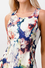 Sleeveless A - Line Dress with Watercolor Floral Print - Wear and Wander