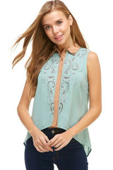 Sleeveless Button - Up Blouse with Intricate Embroidery - Wear and Wander
