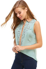 Sleeveless Button - Up Blouse with Intricate Embroidery - Wear and Wander