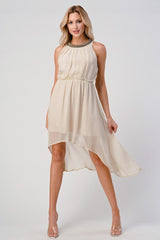 Sleeveless High - Low Beaded Neckline Dress - Wear and Wander