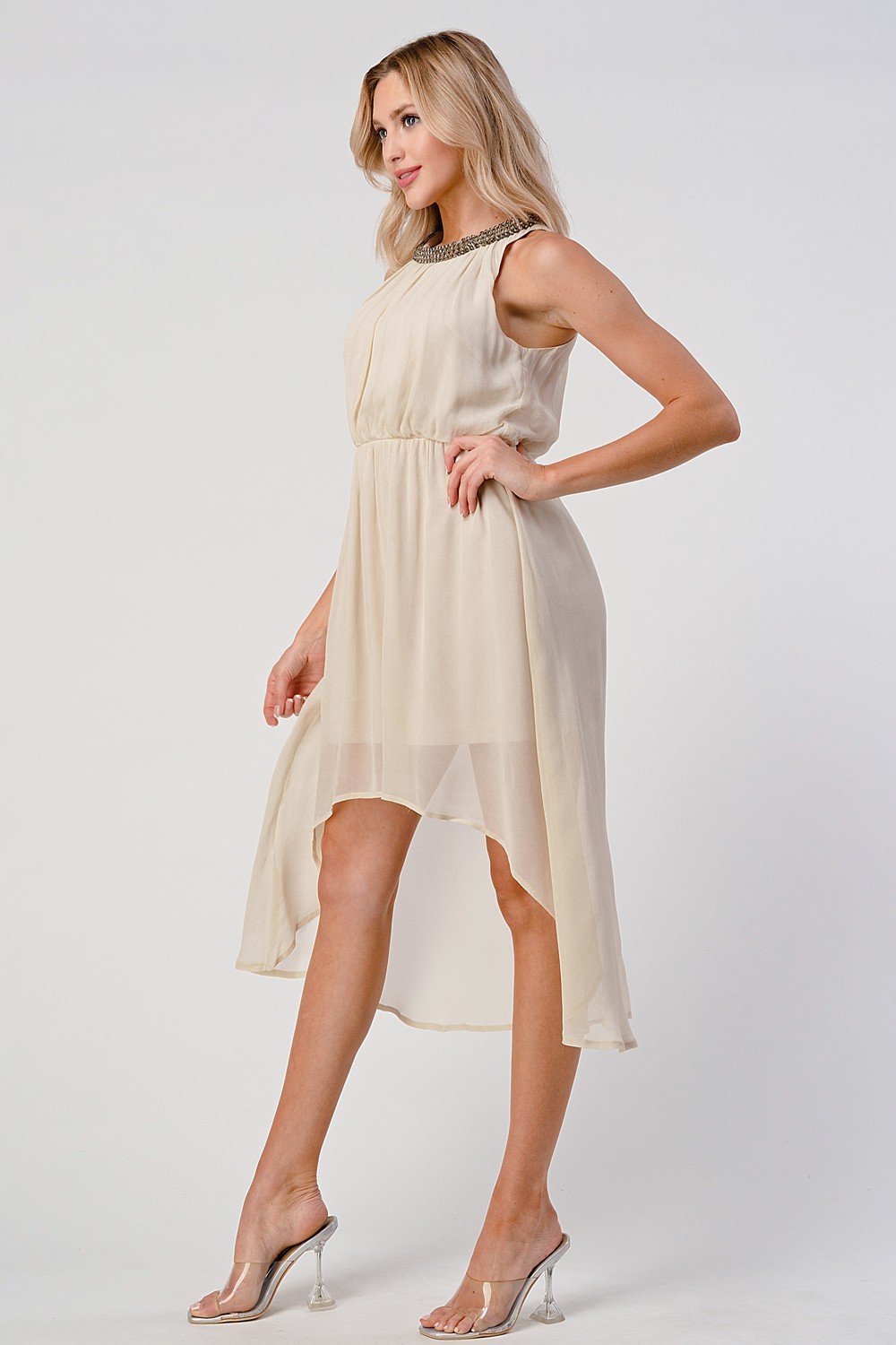 Sleeveless High - Low Beaded Neckline Dress - Wear and Wander