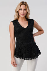 Sleeveless V - Neck Lace Peplum Top - Wear and Wander