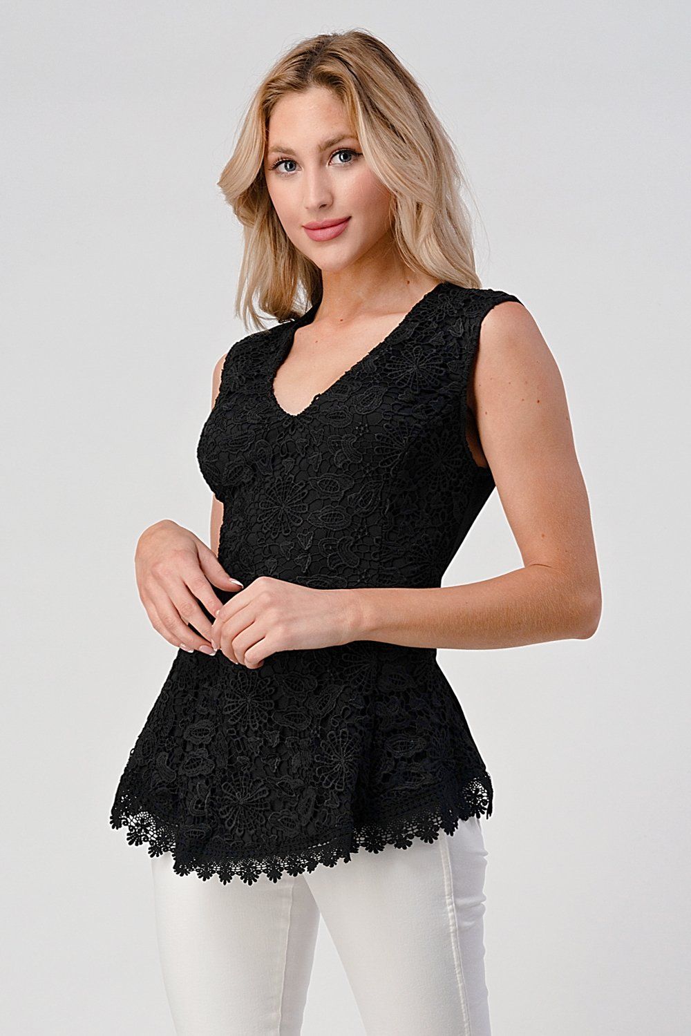 Sleeveless V - Neck Lace Peplum Top - Wear and Wander