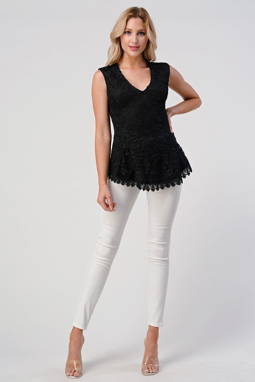 Sleeveless V - Neck Lace Peplum Top - Wear and Wander