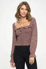 Smocked Floral Long Sleeve Top with Ruffle Neckline - Wear and Wander