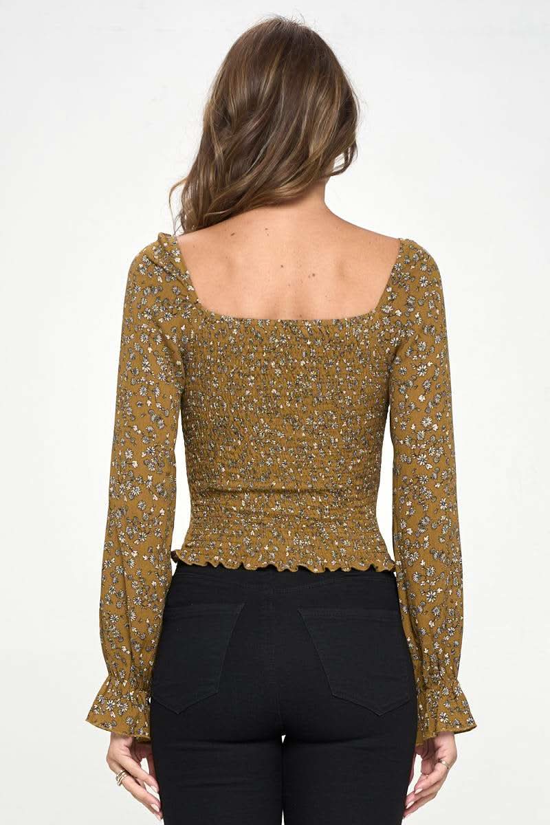 Smocked Floral Long Sleeve Top with Ruffle Neckline - Wear and Wander