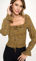 Smocked Floral Long Sleeve Top with Ruffle Neckline - Wear and Wander