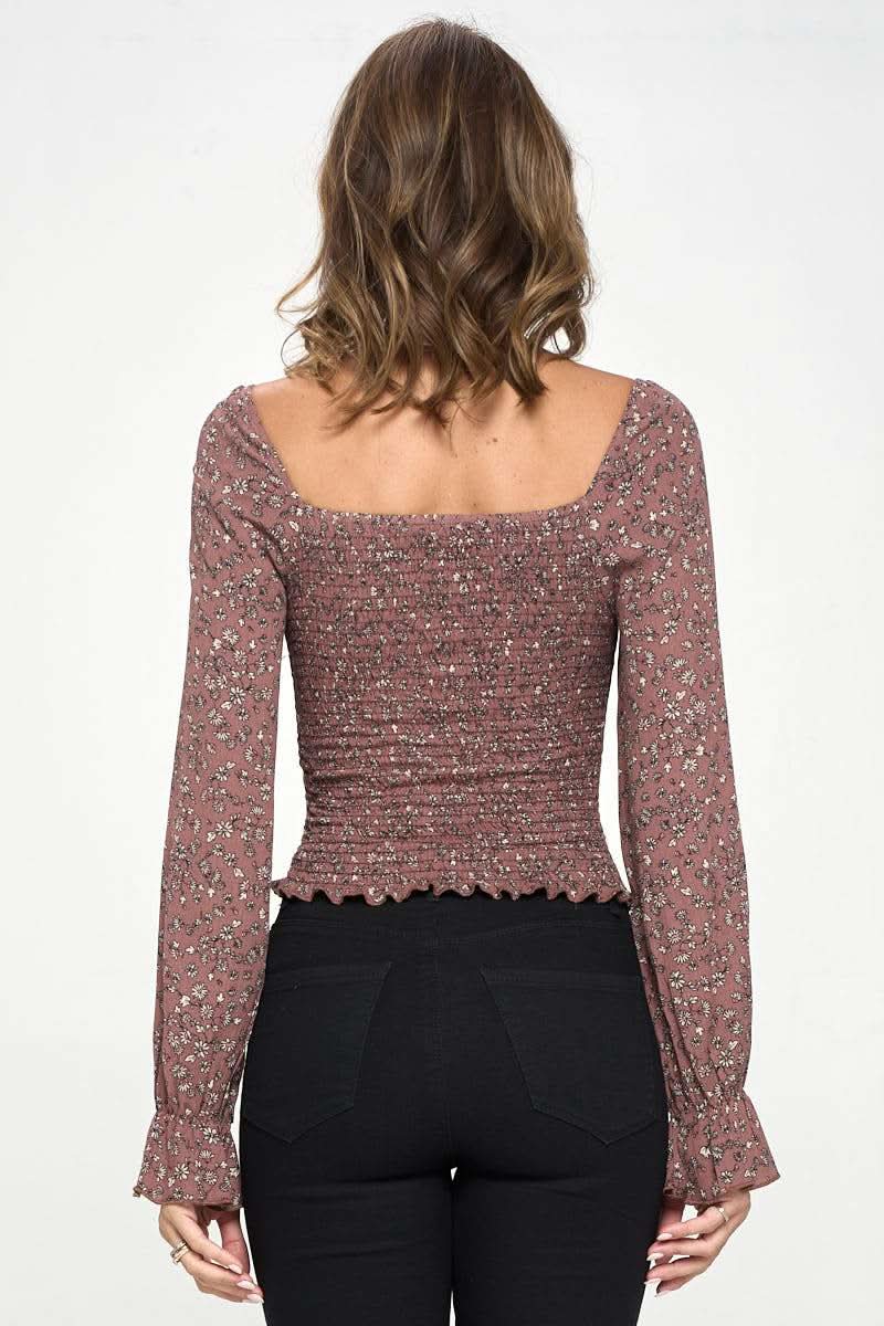 Smocked Floral Long Sleeve Top with Ruffle Neckline - Wear and Wander