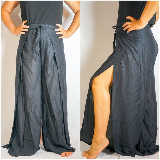 Solid Black Palazzo Wrap Pants, Hippie Pants, Boho Harem Flow Pants - Wear and Wander