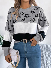 Star Contrast Round Neck Sweater - Wear and Wander