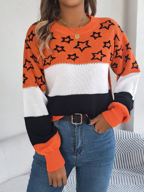 Star Contrast Round Neck Sweater - Wear and Wander