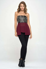 Strapless Laser - Cut Chiffon Peplum Top for Women - Wear and Wander