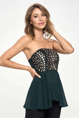 Strapless Laser - Cut Chiffon Peplum Top for Women - Wear and Wander
