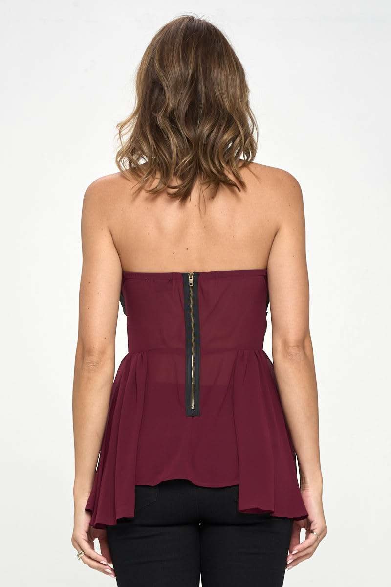 Strapless Laser - Cut Chiffon Peplum Top for Women - Wear and Wander
