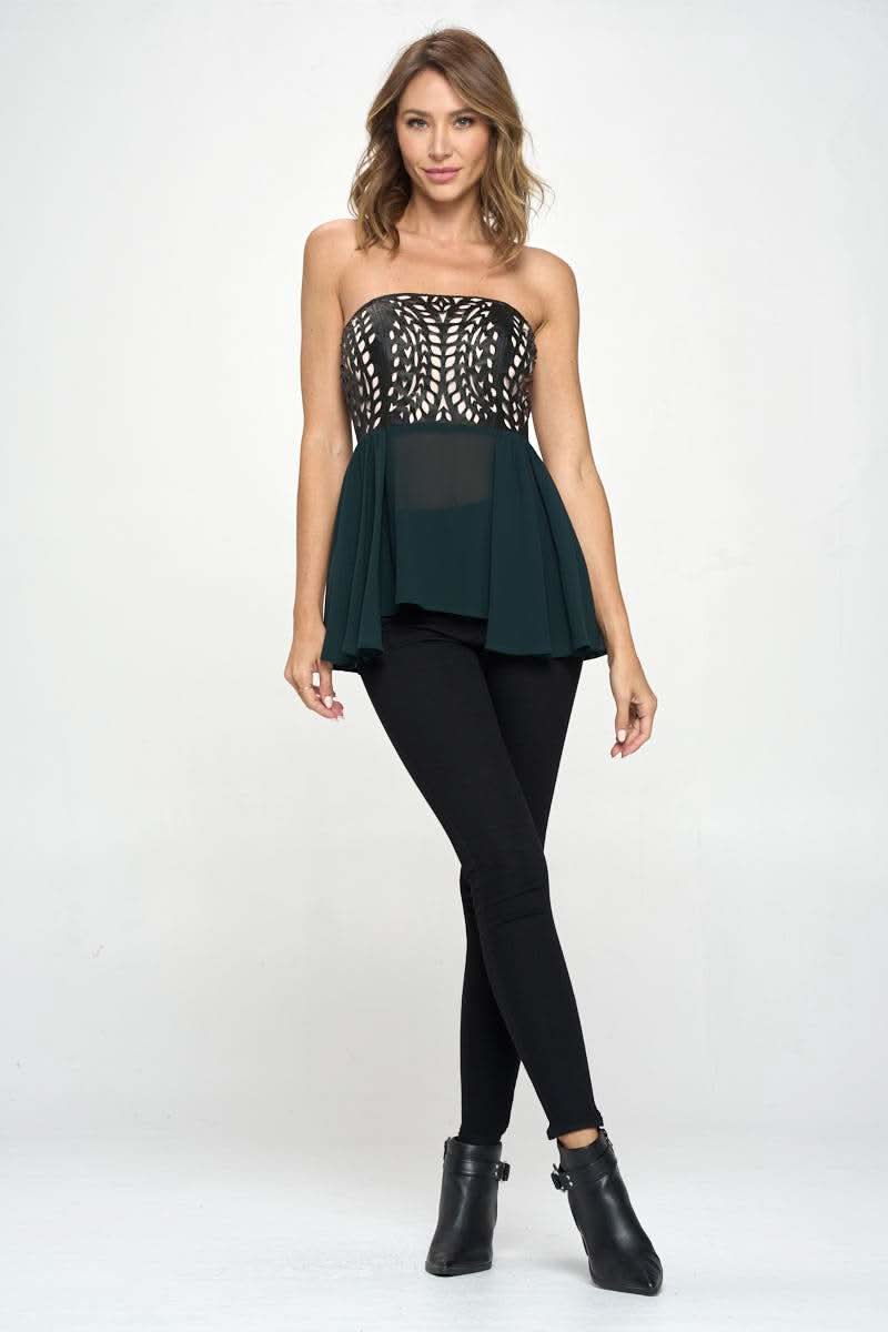 Strapless Laser - Cut Chiffon Peplum Top for Women - Wear and Wander