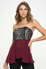 Strapless Laser - Cut Chiffon Peplum Top for Women - Wear and Wander