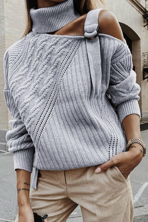 Strapped Cut out Shoulder Turtleneck Sweater - Wear and Wander