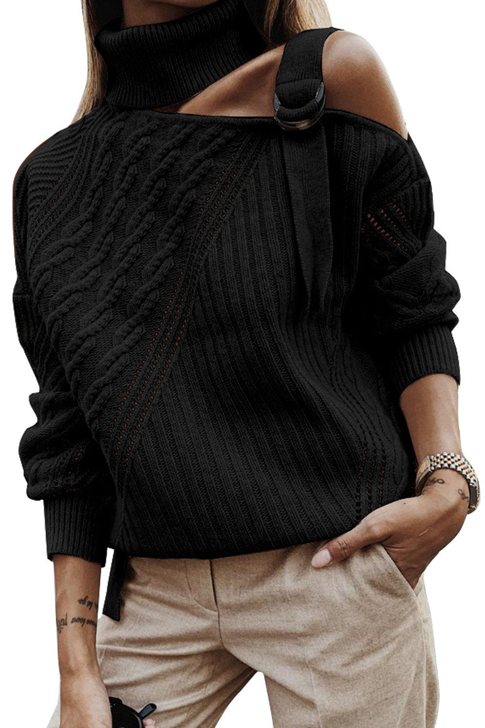 Strapped Cut out Shoulder Turtleneck Sweater - Wear and Wander