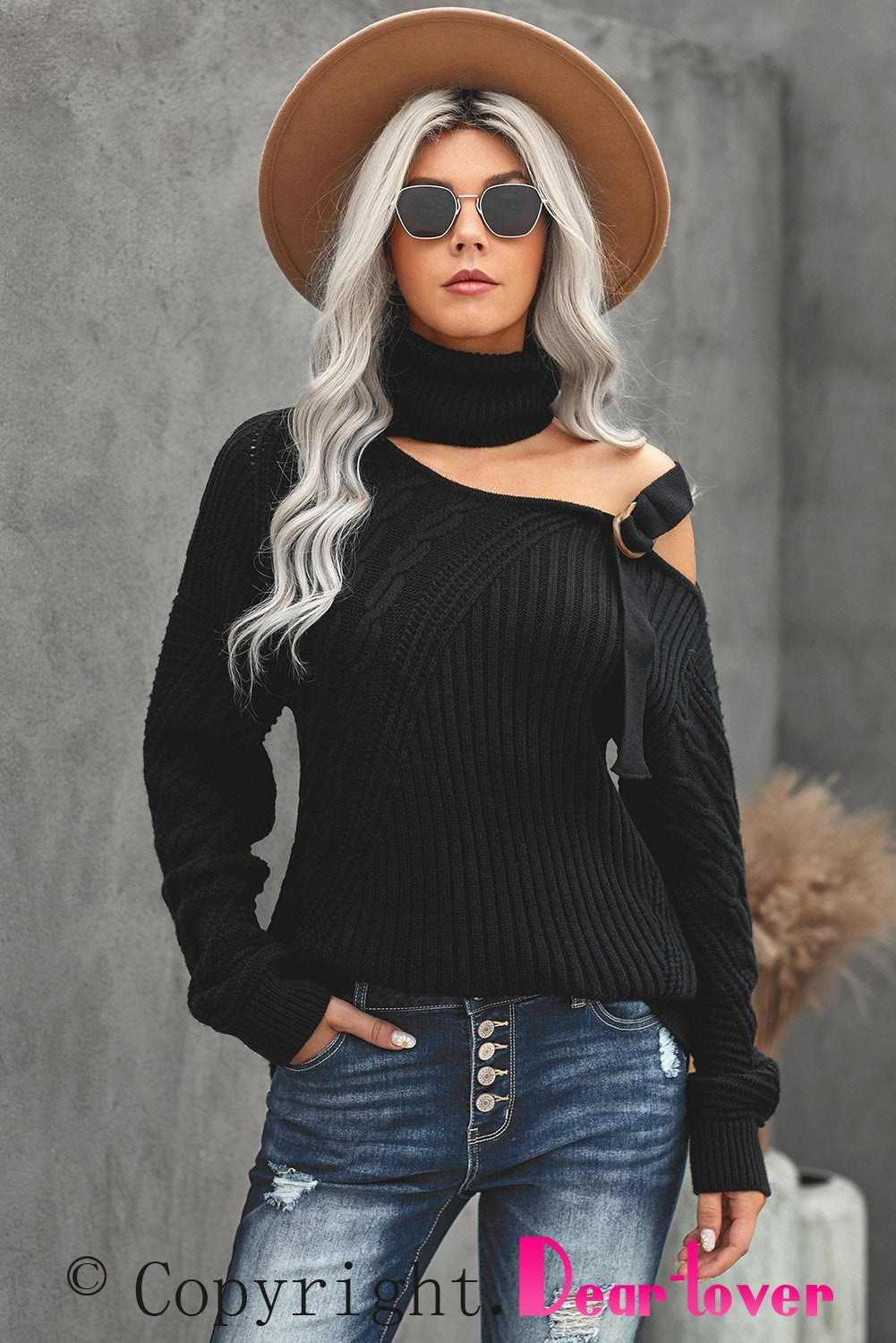 Strapped Cut out Shoulder Turtleneck Sweater - Wear and Wander