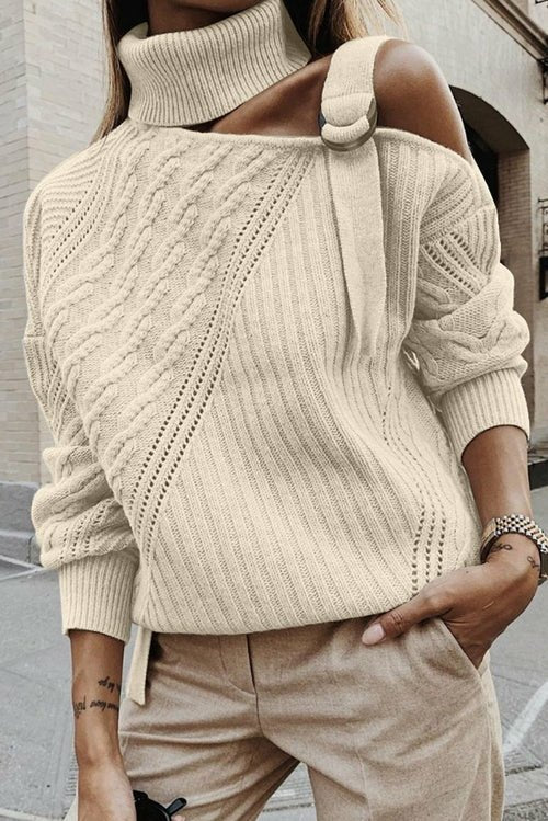 Strapped Cut out Shoulder Turtleneck Sweater - Wear and Wander