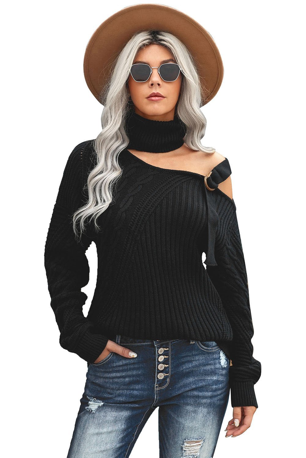 Strapped Cut out Shoulder Turtleneck Sweater - Wear and Wander