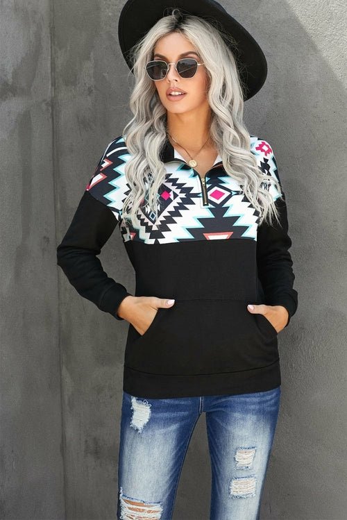 Turn Down Collar Zip Tribal Print Sweatshirt - Wear and Wander