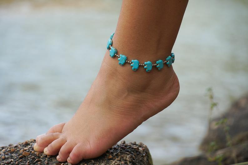 Turquoise Elephant Boho Silver Anklet - Wear and Wander