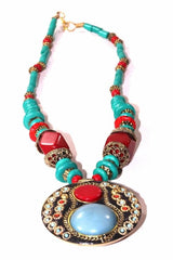 Turquoise & Red Coral Medallion Necklace - Wear and Wander