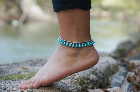 Turquoise Teardrop Bead Boho Silver Anklet - Wear and Wander