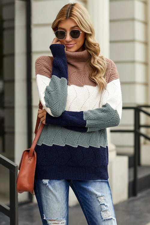 Turtle Neck Color Block Fluffy Twist Sweater - Wear and Wander