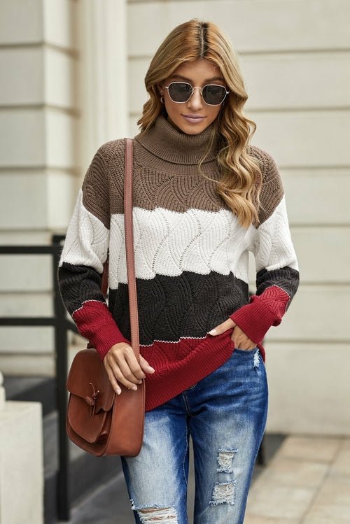 Turtle Neck Color Block Fluffy Twist Sweater - Wear and Wander