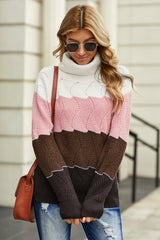 Turtle Neck Color Block Fluffy Twist Sweater - Wear and Wander