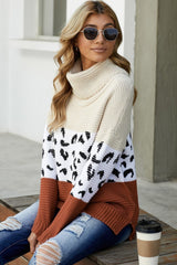 Turtleneck Splicing Chunky Knit Pullover Sweater - Wear and Wander