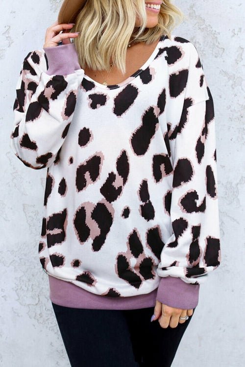 V - Neck Leopard Print Dropped Long Sleeve Sweatshirt - Wear and Wander