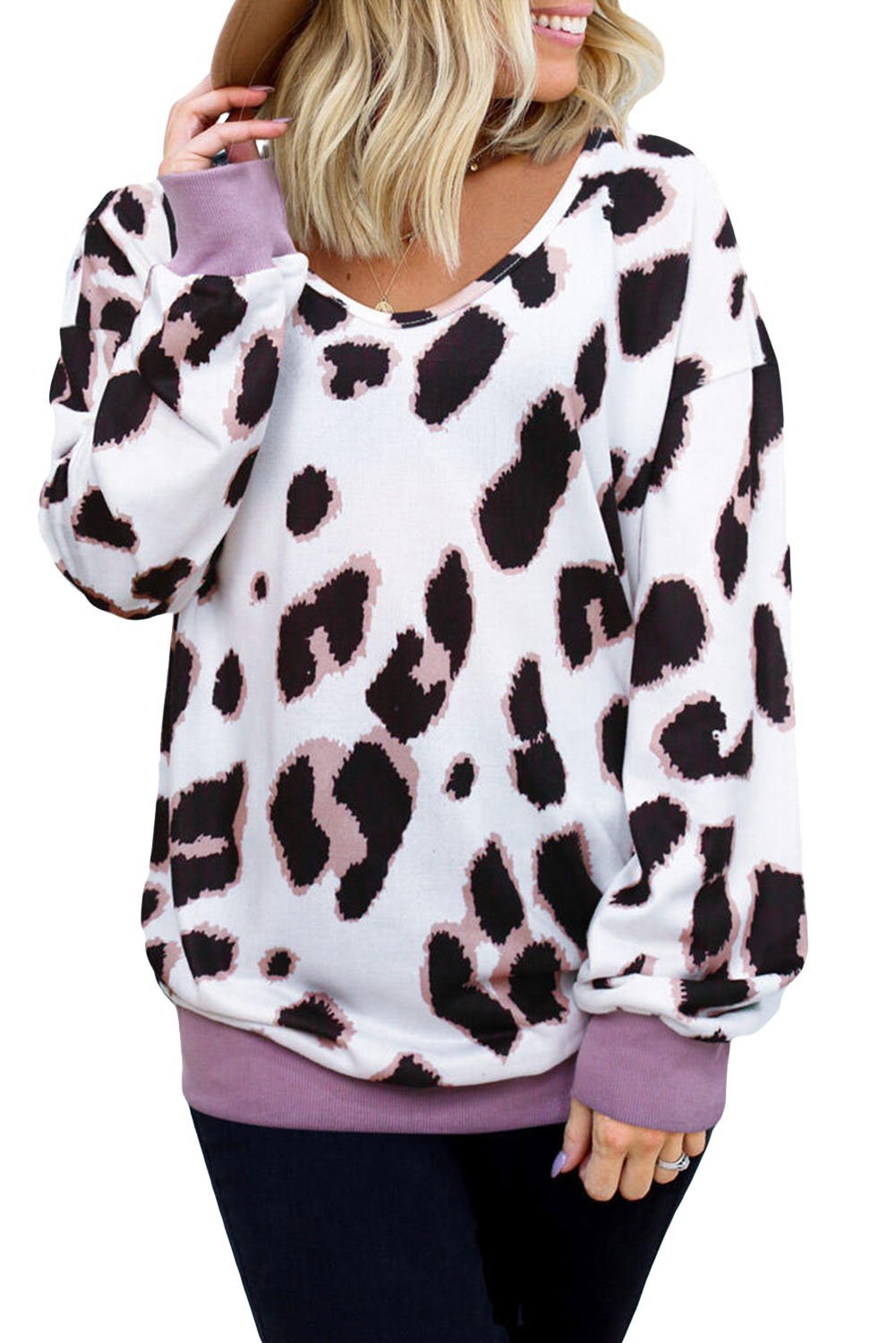 V - Neck Leopard Print Dropped Long Sleeve Sweatshirt - Wear and Wander