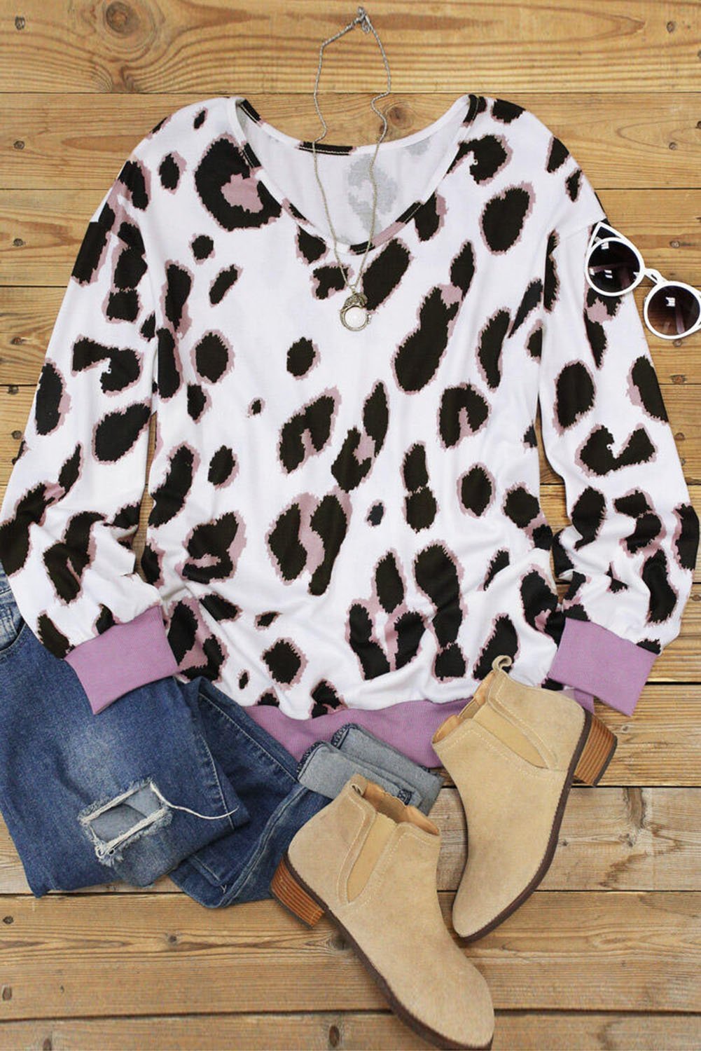 V - Neck Leopard Print Dropped Long Sleeve Sweatshirt - Wear and Wander