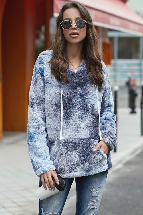 V - neck Tie - dye Plush Pullover Hoodie - Wear and Wander