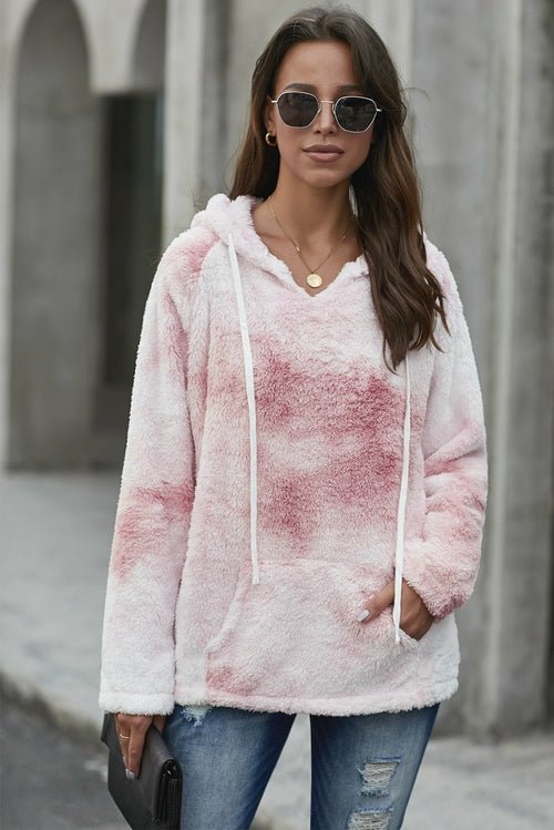 V - neck Tie - dye Plush Pullover Hoodie - Wear and Wander