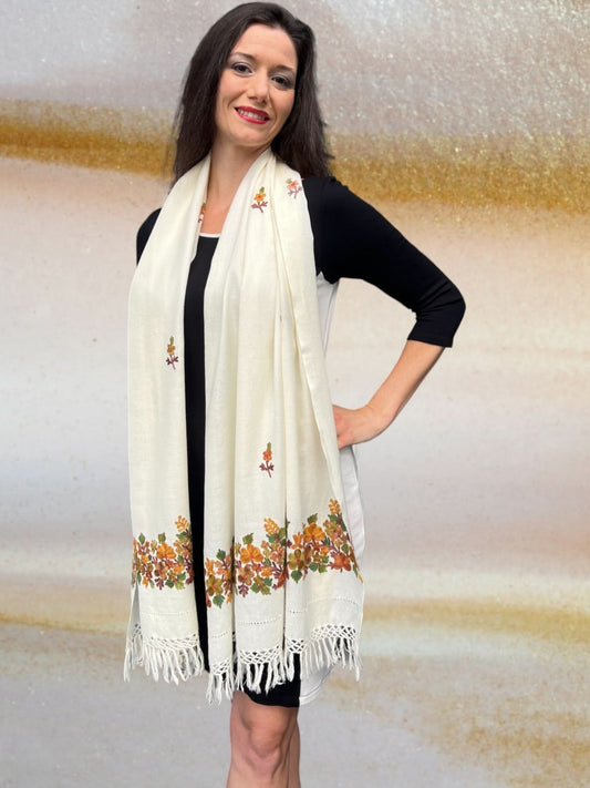 White and Rust Leaves Embroidered Wrap - Wear and Wander