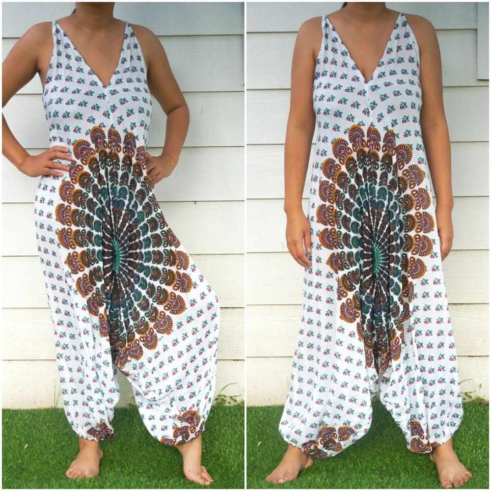 White Chakra Hippie Jumpsuits, Boho Rompers, Festival Clothing - Wear and Wander