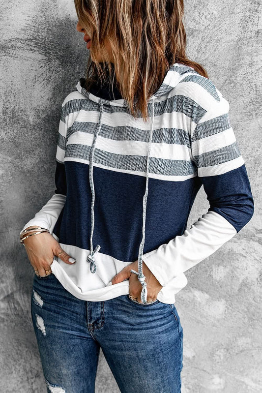 White Color Block Classic Pullover Drawstring Hoodie For Women - Wear and Wander