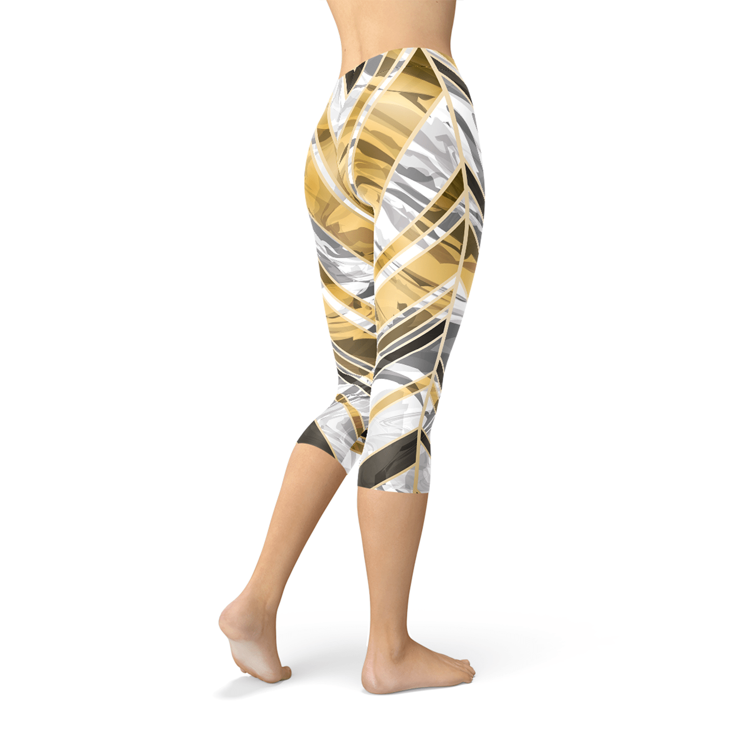 White Marble w/ Black Gold Lines Capri Leggings - Wear and Wander